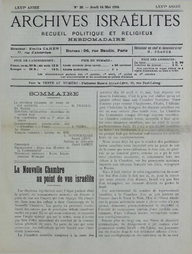 Archives israélites de France. Vol.75 N°20 (14 mai 1914)
